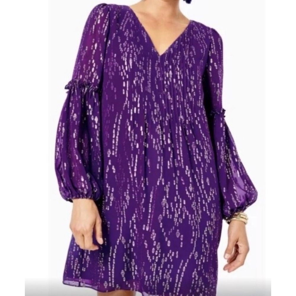 Lilly Pulitzer Cleme Silk Dress Size 8 Long Sleeve Metallic Party Event Glam